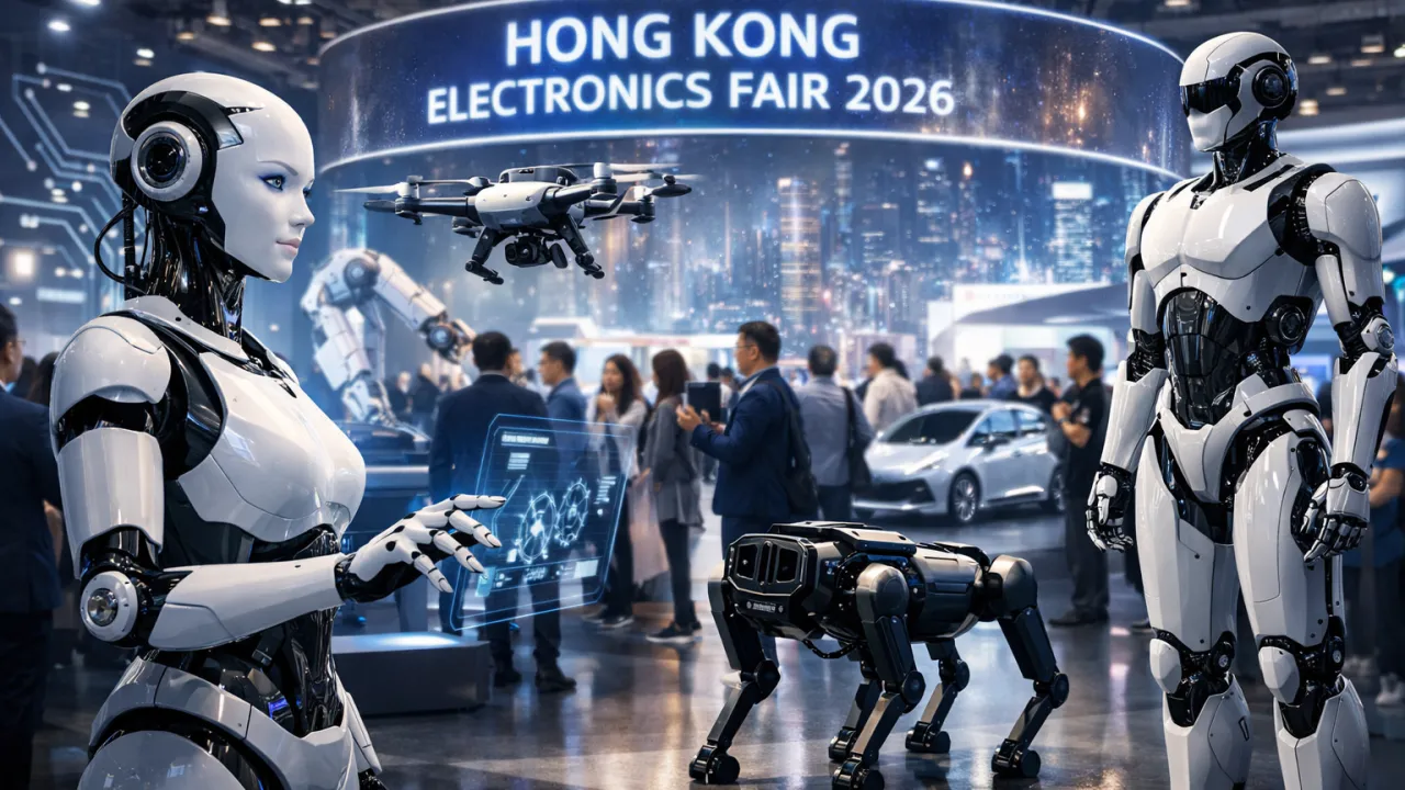 Exhibition booth featuring AI and robotics innovations at Hong Kong Electronics Fair 2026