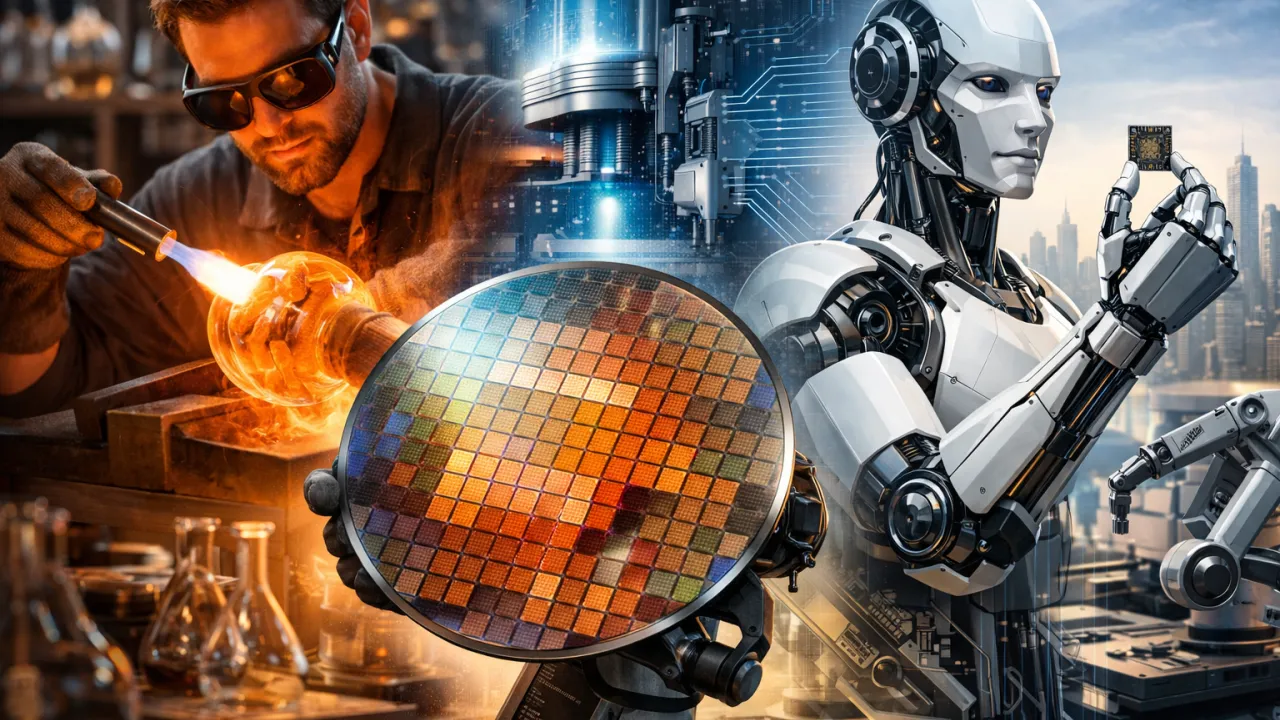 Industrial glass components alongside semiconductor chips and robotic arms