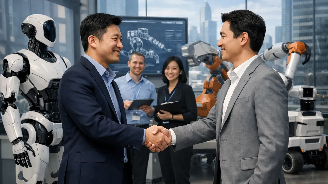 Handshake between two business representatives symbolizing partnership in robotics technology
